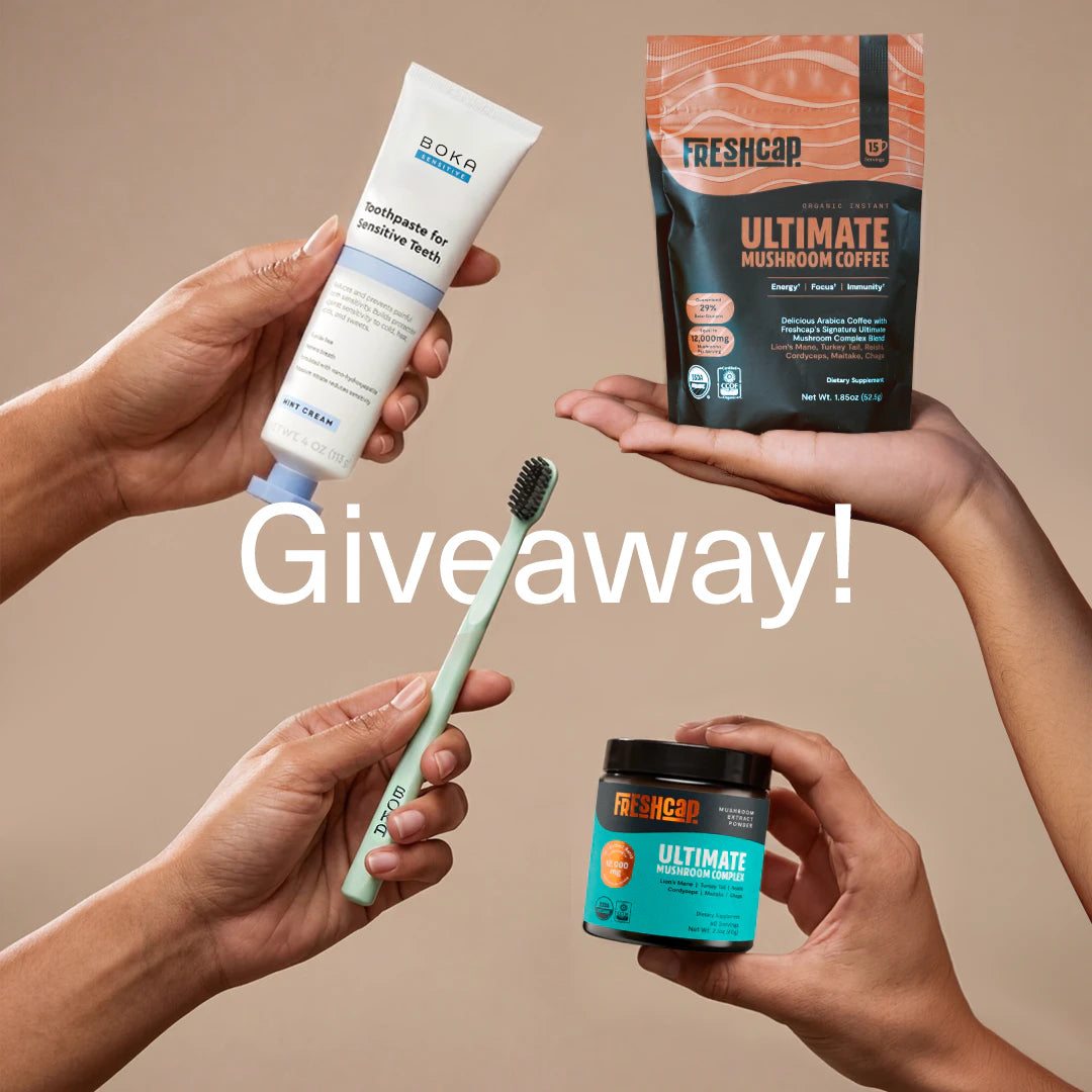 Four hands holding dental care products with 'Giveaway!' text on a beige background
