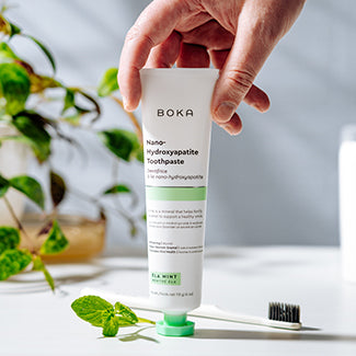 Boka Ela Mint toothpaste with white toothbrush