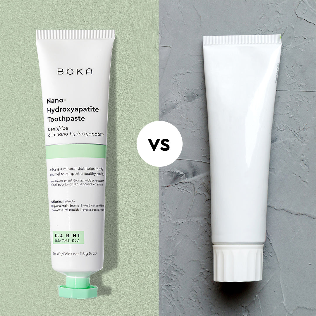 image of Boka Ela Mint Toothpaste vs. unbranded fluoride toothpaste