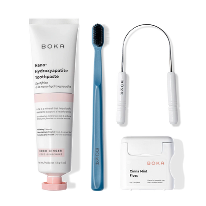 Starter Kit: nano-hydroxyapatite toothpaste, blue charcoal bristle brush, floss & U-shaped tongue scraper.