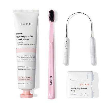 The Starter Kit includes nano-hydroxyapatite toothpaste, a pink toothbrush, and floss picks.