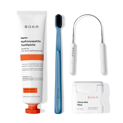 Starter Kit: nano-hydroxyapatite toothpaste, charcoal bristle brush, tongue cleaner & floss in Cinna Mint.