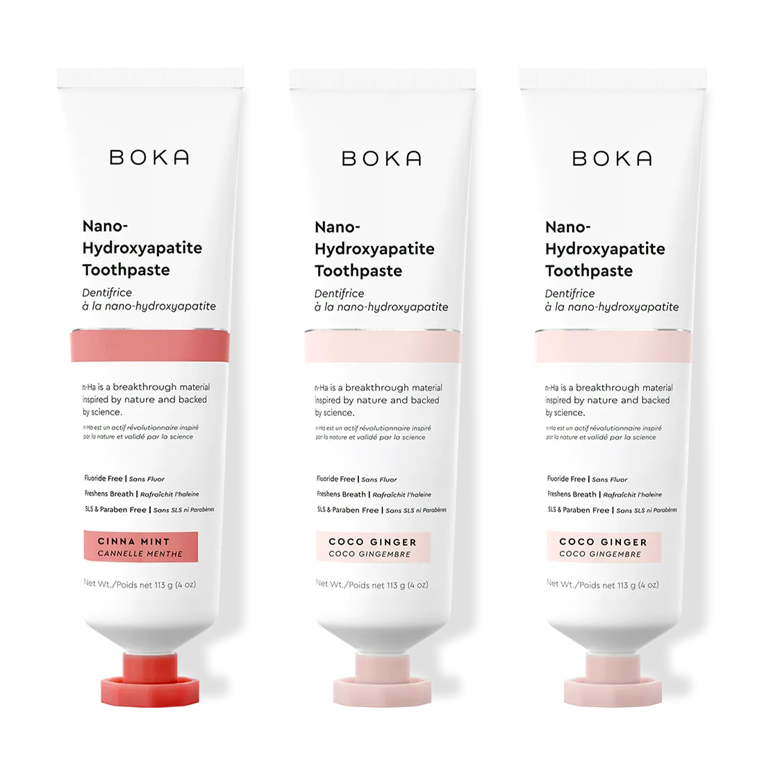 Three tubes of Boka Nano-Hydroxyapatite Toothpaste on a white background