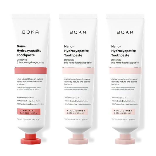 Three tubes of Boka Nano-Hydroxyapatite Toothpaste on a white background