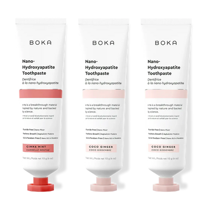 Three tubes of Boka Nano-Hydroxyapatite Toothpaste on a white background