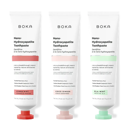 Three tubes of Boka Nano-Hydroxyapatite Toothpaste in different flavors on a white background.