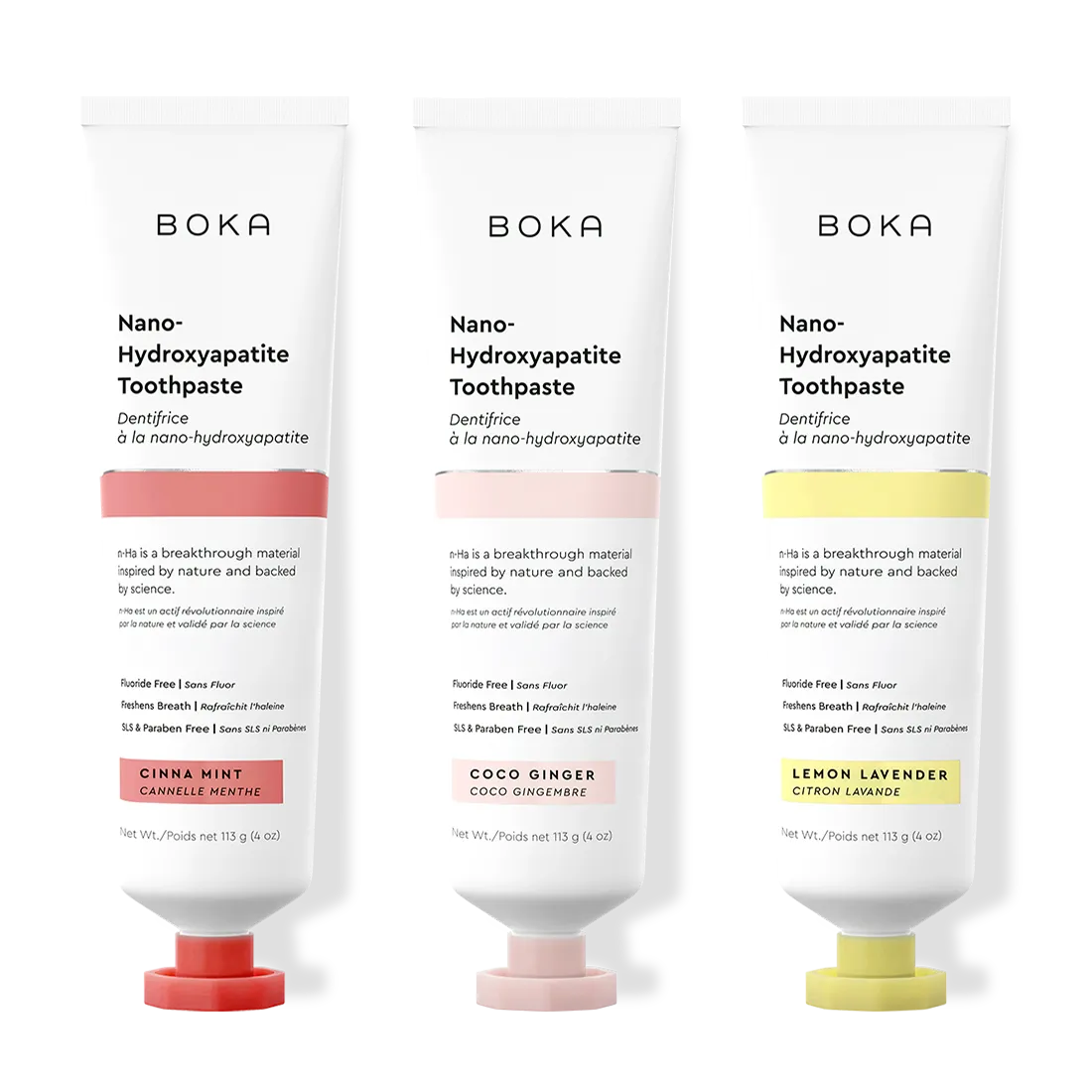 Three tubes of Boka Nano-Hydroxyapatite Toothpaste with different flavors on a white background.