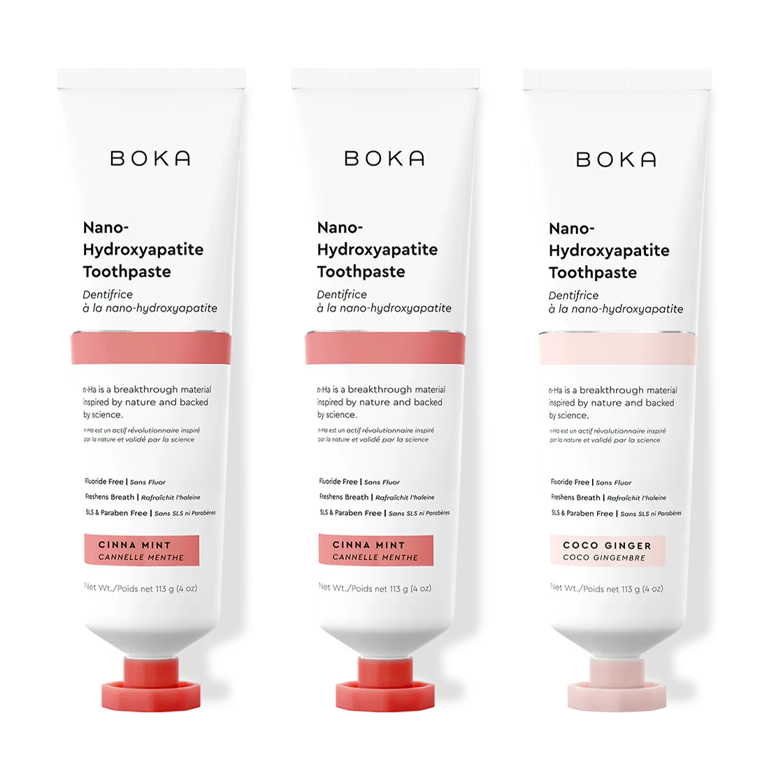 Three tubes of Boka Nano-Hydroxyapatite Toothpaste on a white background