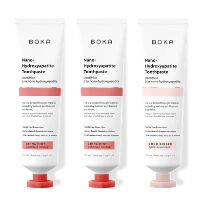 Three tubes of Boka Nano-Hydroxyapatite Toothpaste on a white background
