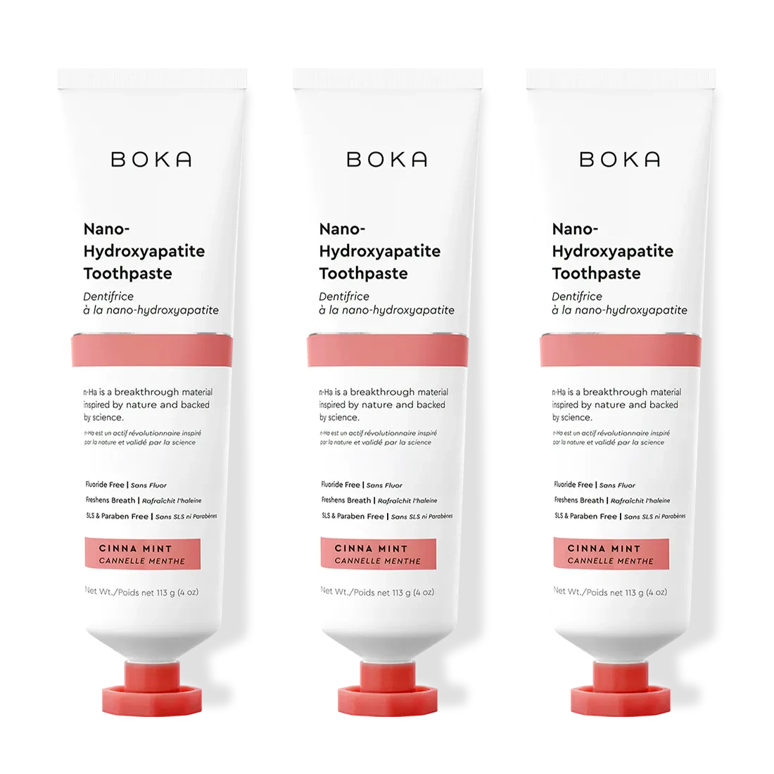 Three tubes of Boka Nano-Hydroxyapatite Toothpaste with different flavors on a white background.