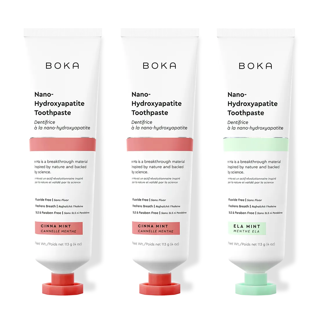 Three tubes of Boka Nano-Hydroxyapatite Toothpaste with different flavors on a white background.