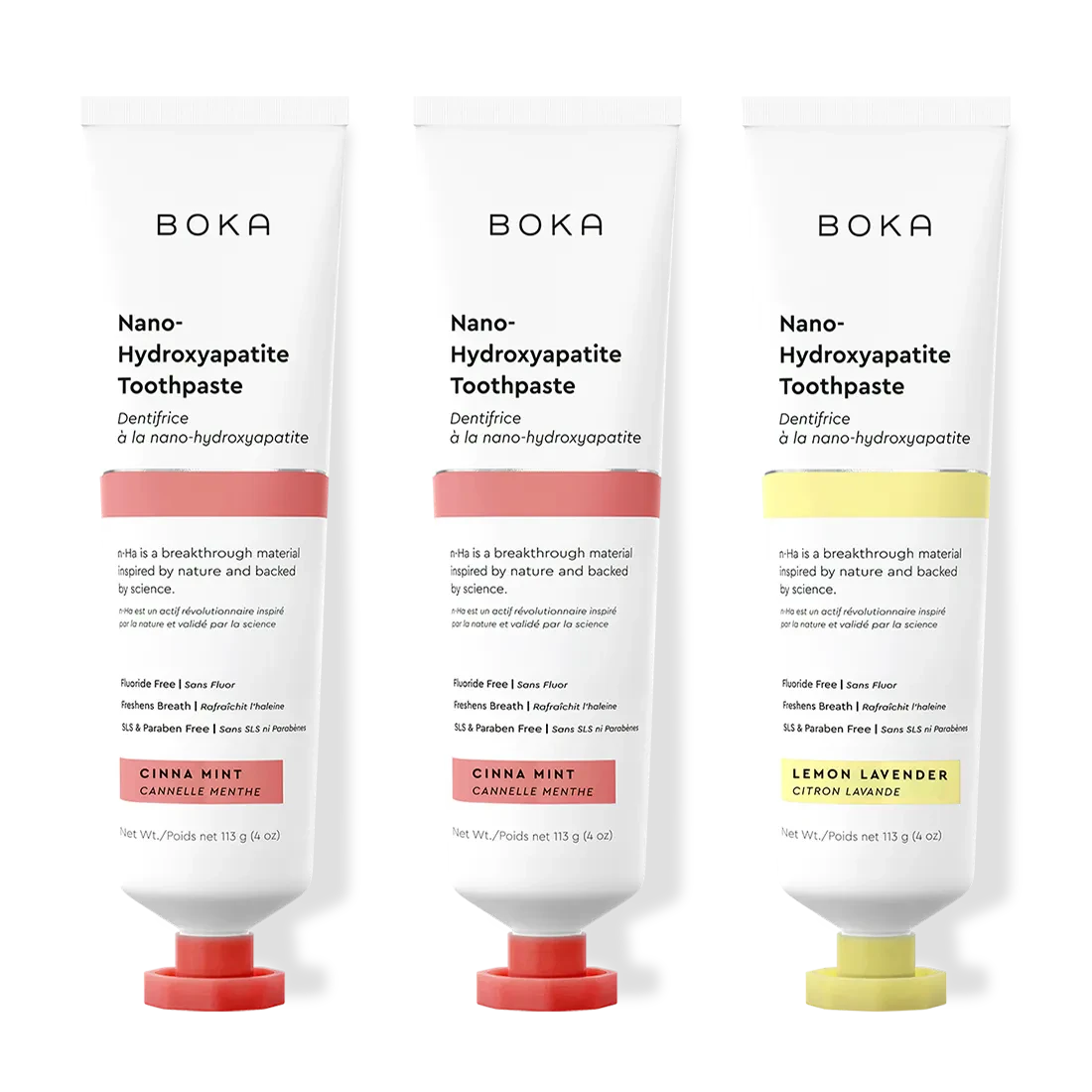 Three tubes of Boka Nano-Hydroxyapatite Toothpaste on a white background