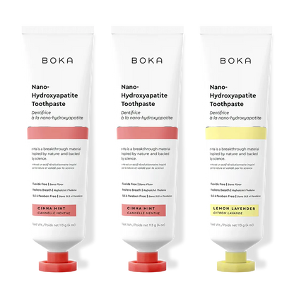Three tubes of Boka Nano-Hydroxyapatite Toothpaste on a white background