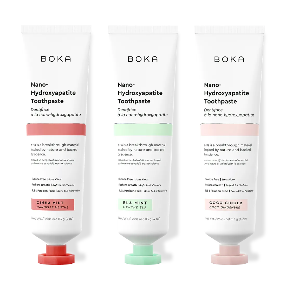 Three tubes of Boka Nano-Hydroxyapatite Toothpaste with different flavors on a white background.