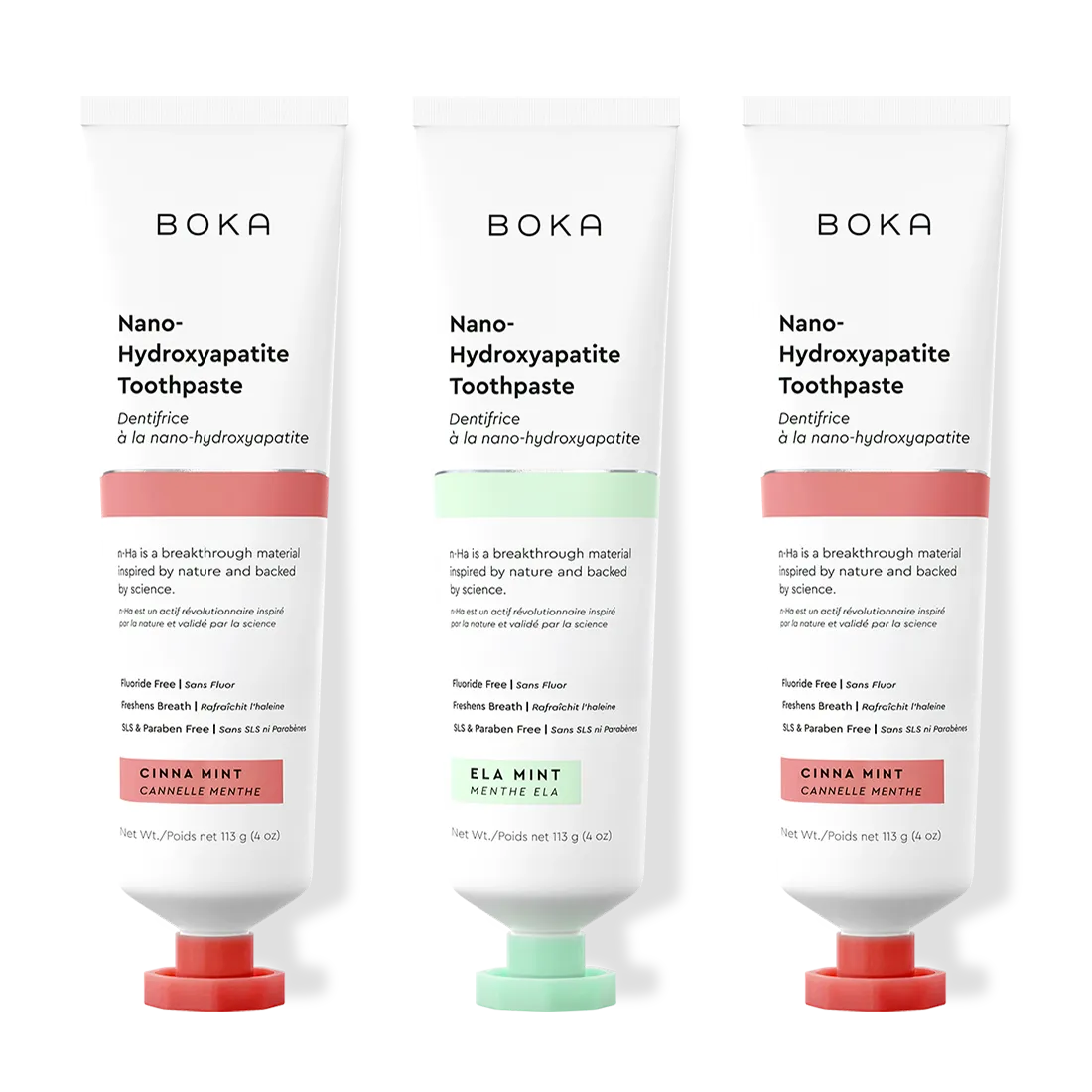 Three tubes of Boka Nano-Hydroxyapatite Toothpaste on a white background