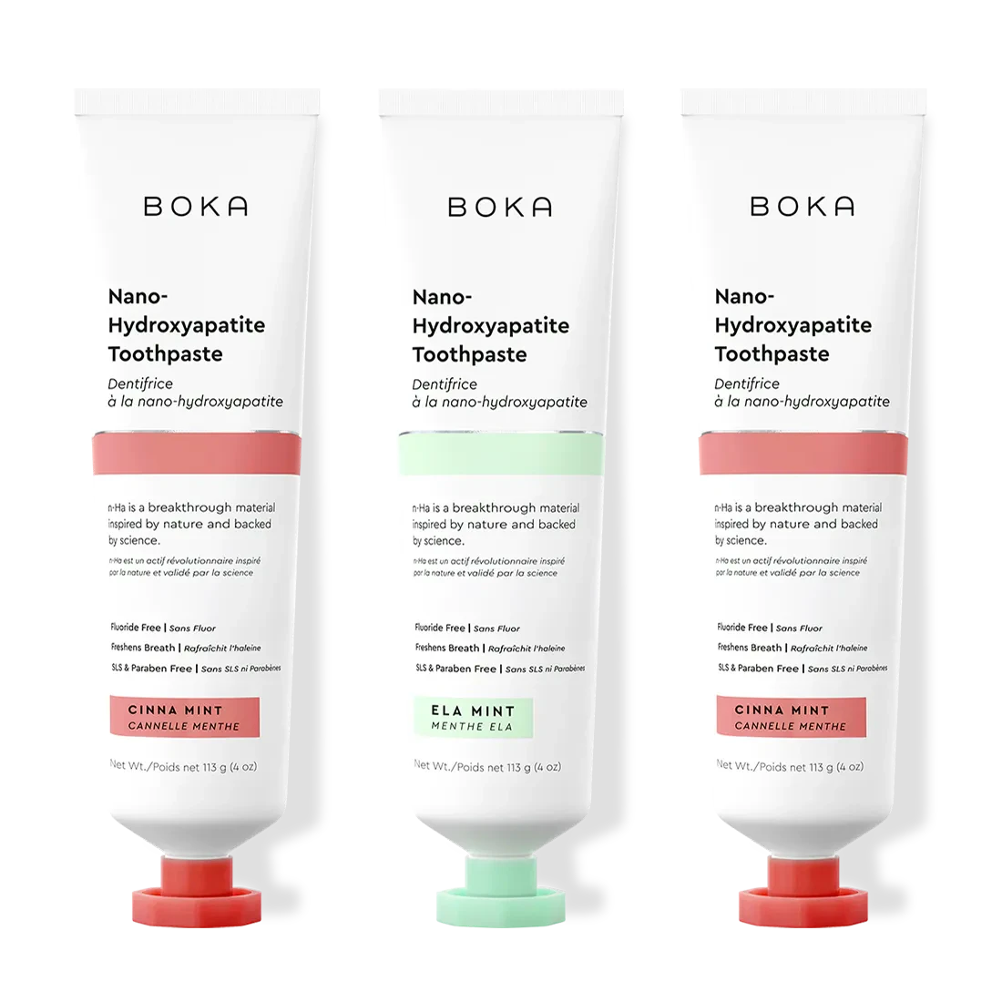 Three bottles of Boka Nano-Hydroxyapatite Toothpaste on a white background