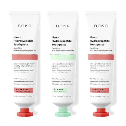Three bottles of Boka Nano-Hydroxyapatite Toothpaste on a white background
