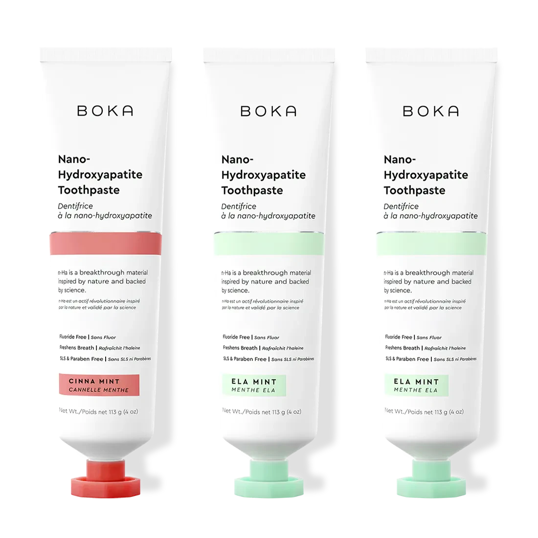 Three tubes of Boka Nano-Hydroxyapatite Toothpaste with different flavors on a white background.
