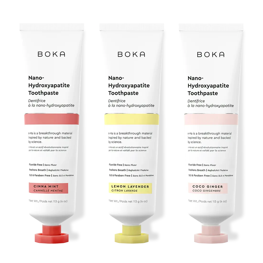 Three tubes of Boka Nano-Hydroxyapatite Toothpaste with different flavors on a white background.