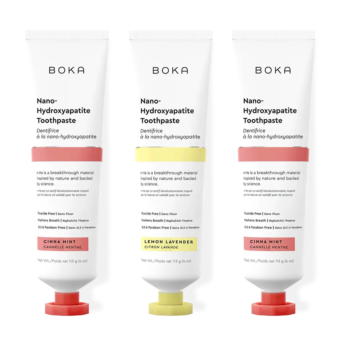 Three bottles of Boka Nano-Hydroxyapatite Toothpaste on a white background