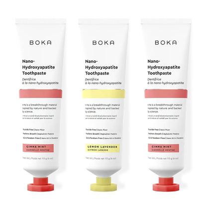 Three bottles of Boka Nano-Hydroxyapatite Toothpaste on a white background