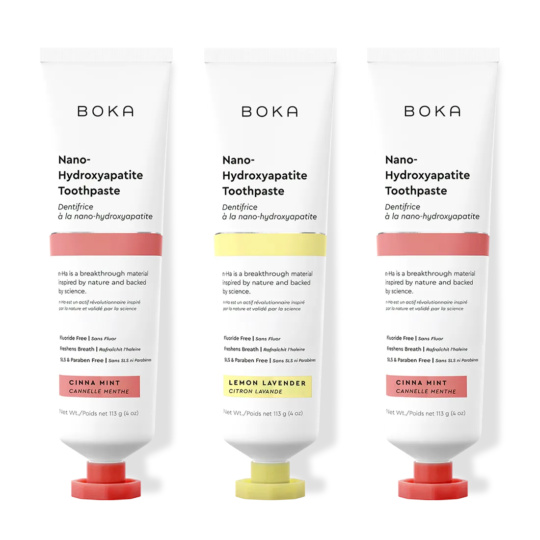 Three tubes of Boka Nano-Hydroxyapatite Toothpaste on a white background