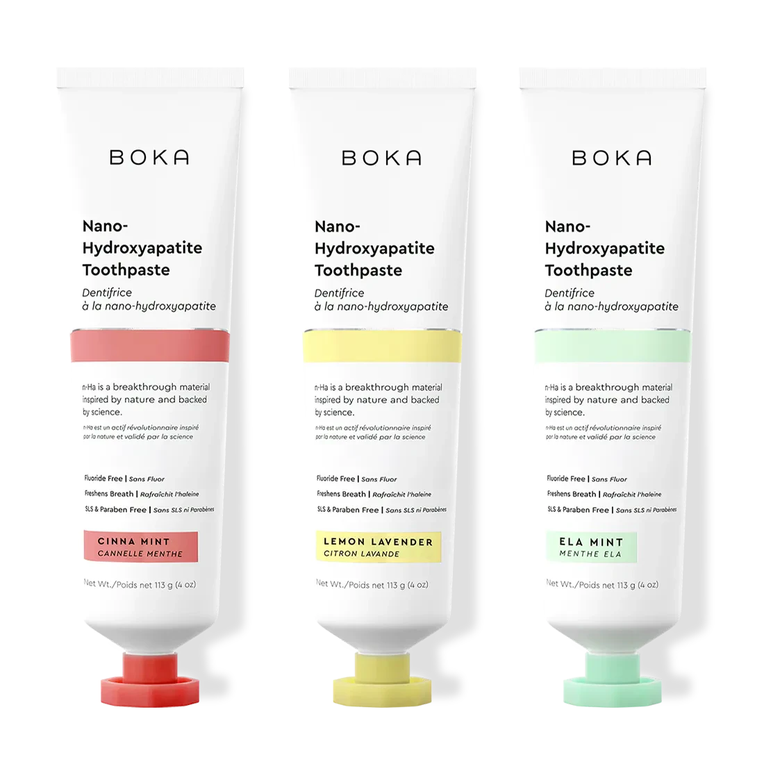 Three tubes of Boka Nano-Hydroxyapatite Toothpaste in different flavors on a white background.