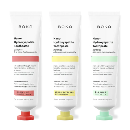 Three tubes of Boka Nano-Hydroxyapatite Toothpaste in different flavors on a white background.