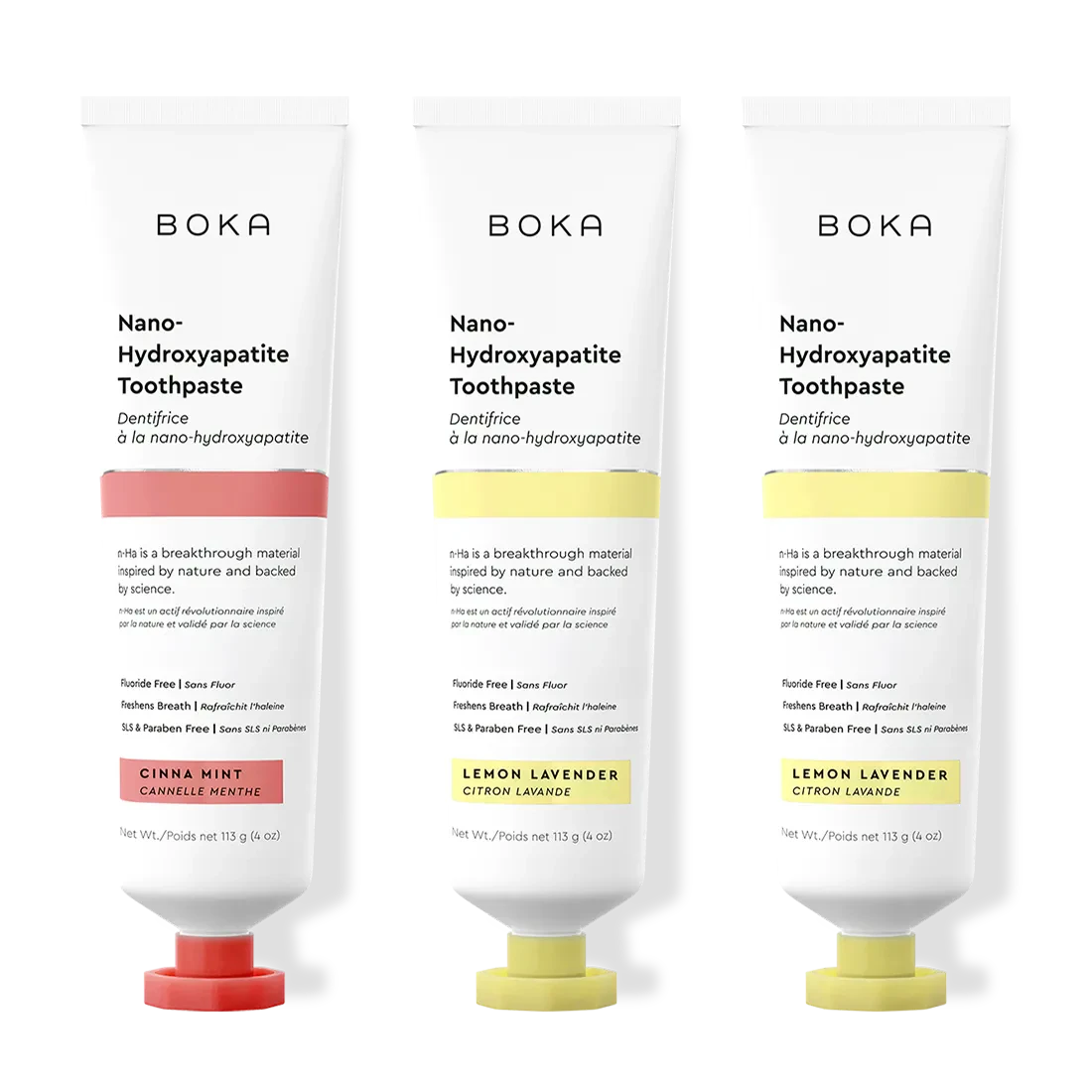 Three tubes of Boka Nano-Hydroxyapatite Toothpaste with different flavors on a white background.