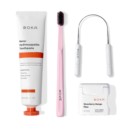 Starter Kit: includes nano-hydroxyapatite toothpaste, charcoal toothbrush, floss, and a tongue scraper.