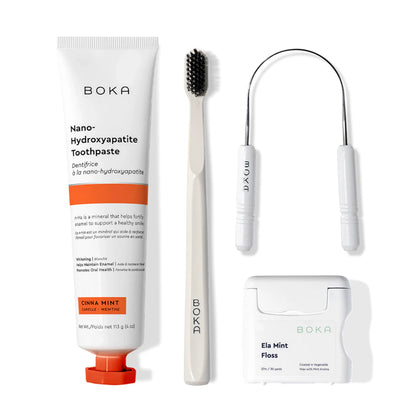 Boka Starter Kit: nano-hydroxyapatite toothpaste, charcoal bristle brush, floss & tongue cleaner.