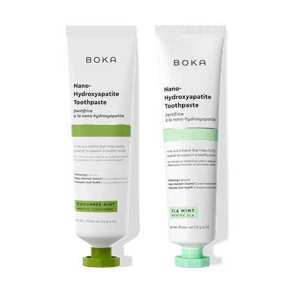 N-Ha Toothpaste 2-Pack: remineralizing nano-hydroxyapatite in cucumber mint & ela mint flavors.