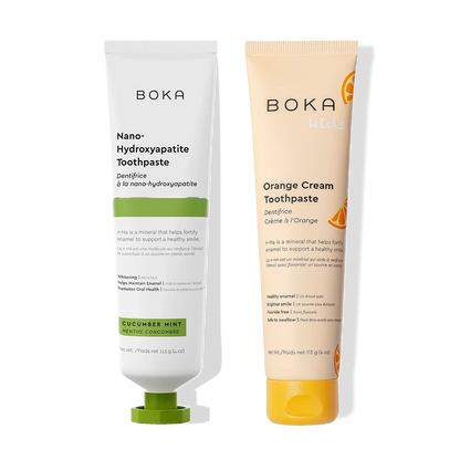 The n-Ha Toothpaste 2-Pack includes cucumber mint and orange cream for kids with nano-hydroxyapatite.