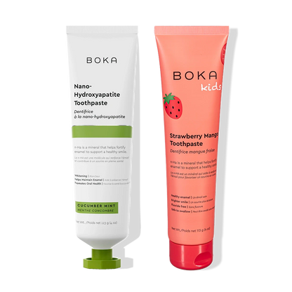 N-Ha Toothpaste 2-Pack: remineralizing formula for kids and adults, pictured on black.