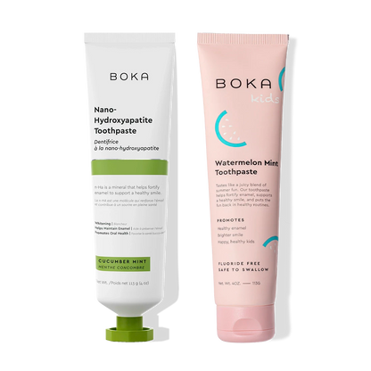 Boka n-Ha Toothpaste 2-Pack: Cucumber Mint for adults, Watermelon Mint for kids, side by side.