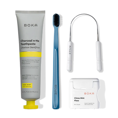 Starter Kit: nano-hydroxyapatite toothpaste, blue charcoal toothbrush, floss & tongue cleaner.