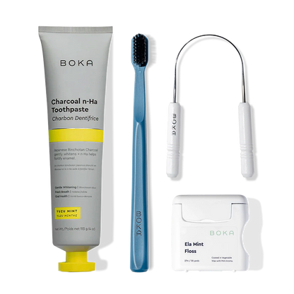 Boka Starter Kit: nano-hydroxyapatite toothpaste, blue charcoal-bristle brush & mint floss.