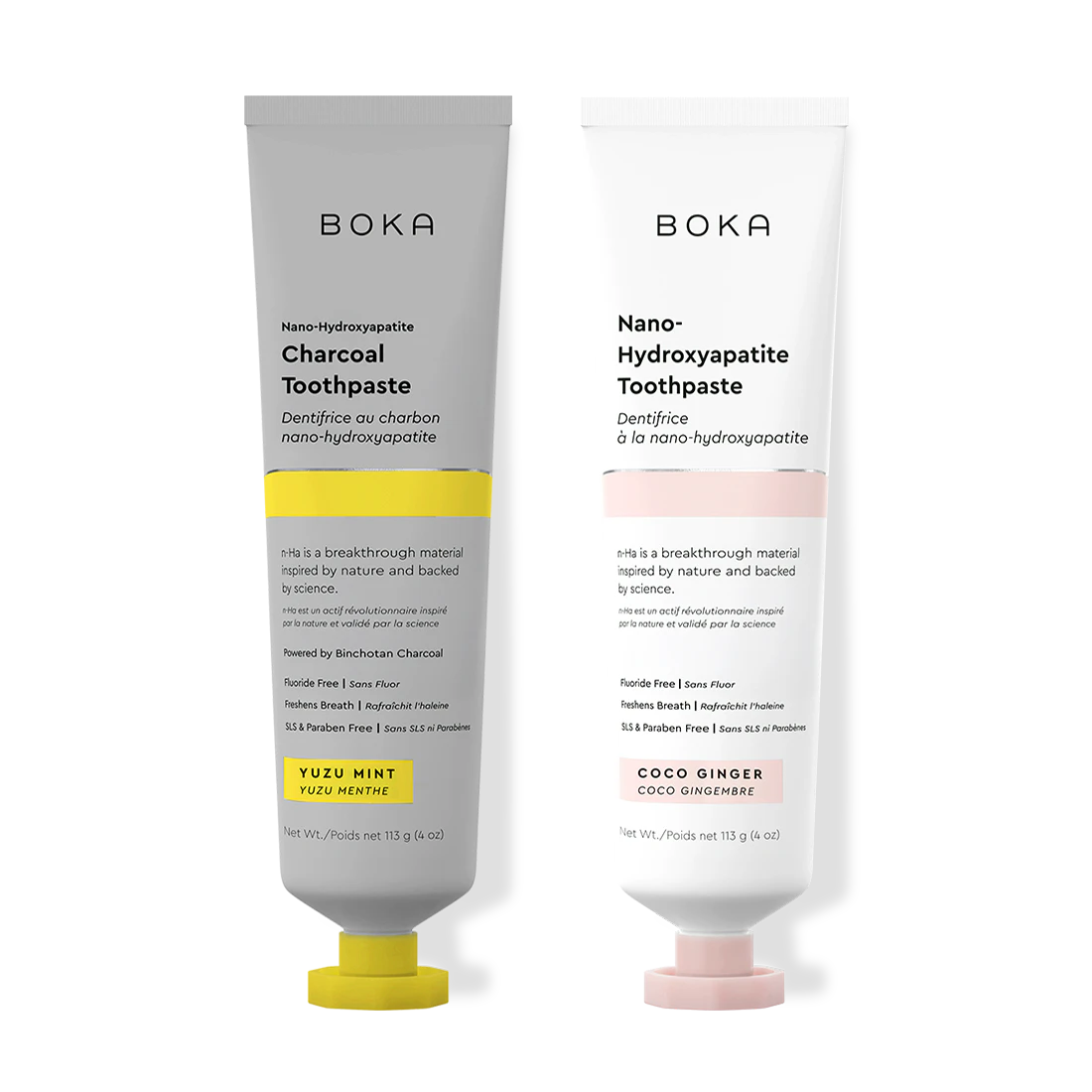 Two Boka toothpaste tubes, one with charcoal flavor and the other with coco ginger flavor, on a white background.