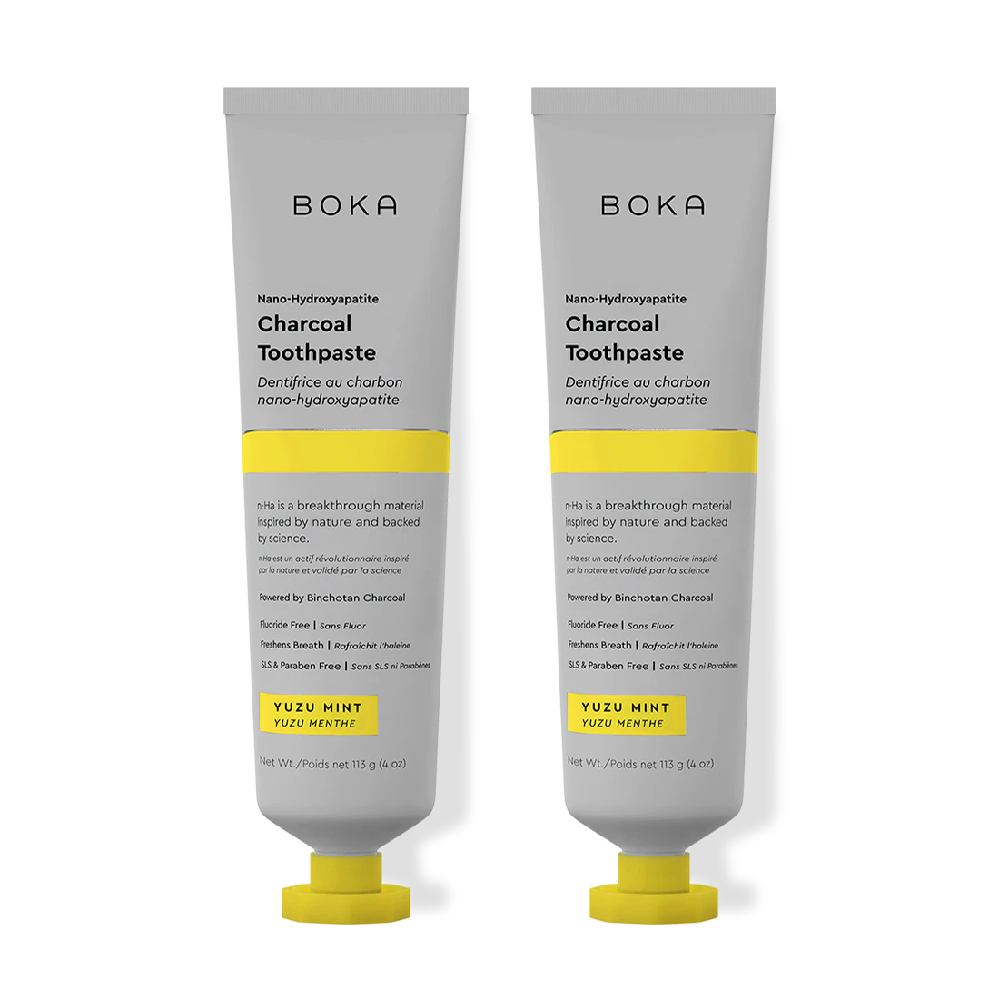 Two tubes of Boka Charcoal Toothpaste on a white background