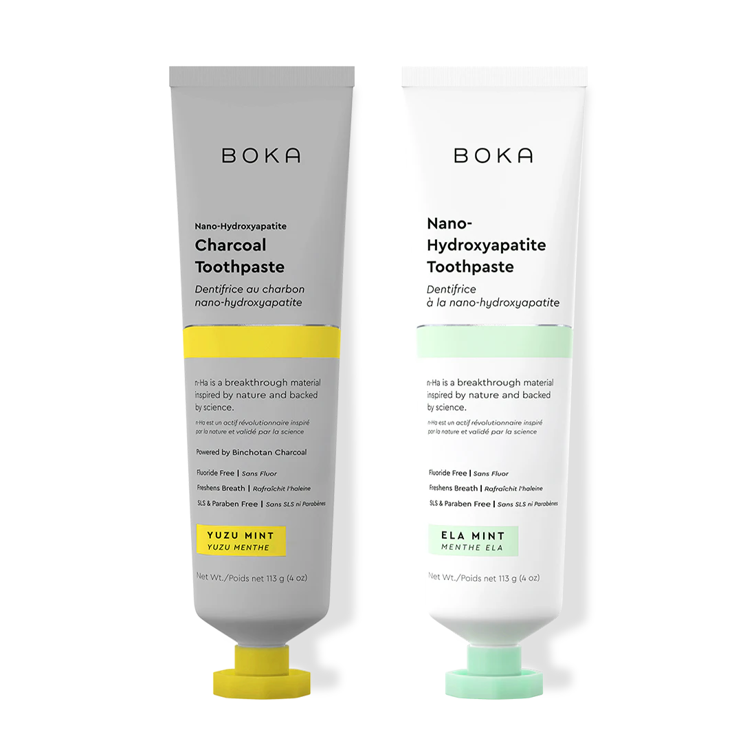 Two Boka toothpaste tubes, one with charcoal flavor and the other with mint flavor, on a white background.