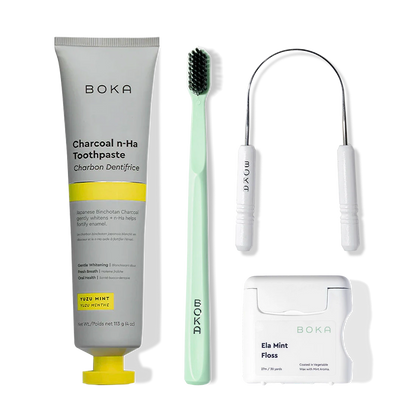 Boka Starter Kit shown, includes toothbrush with charcoal bristles, nHa toothpaste, and tongue cleaner.
