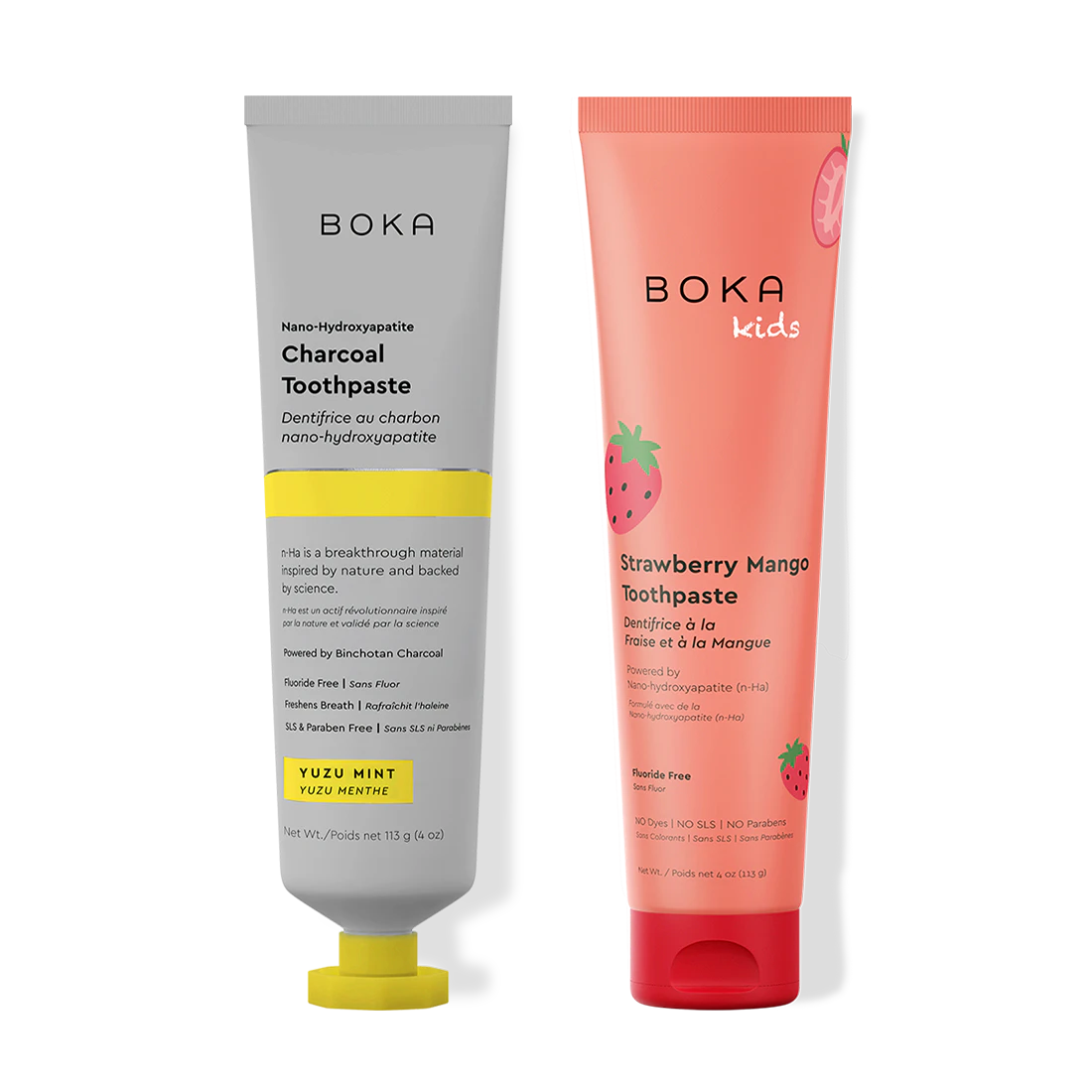 Two Boka toothpaste tubes, one Charcoal and one Strawberry Mango, on a white background.
