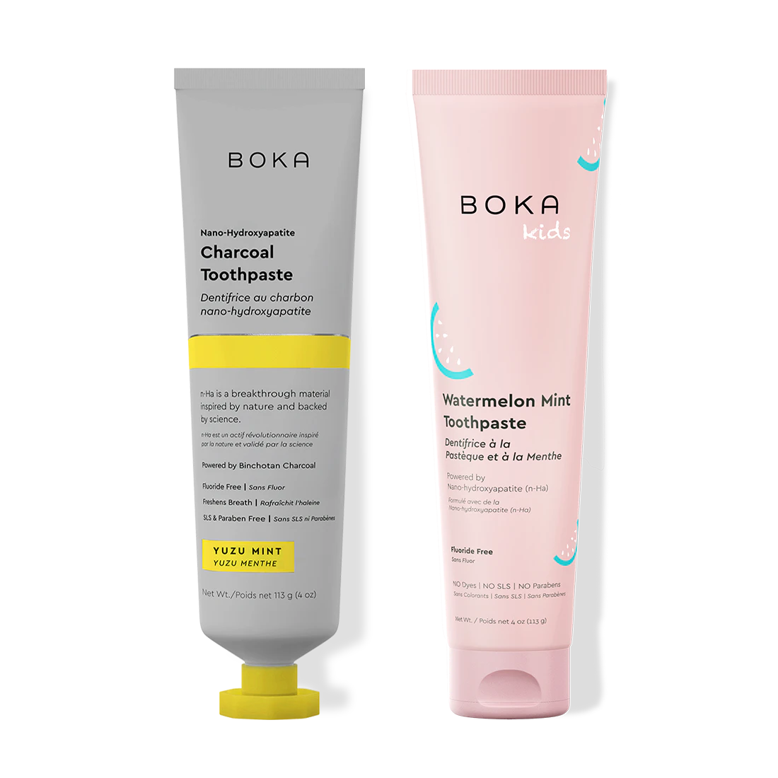 Two Boka toothpaste tubes, one gray and one pink, on a white background.