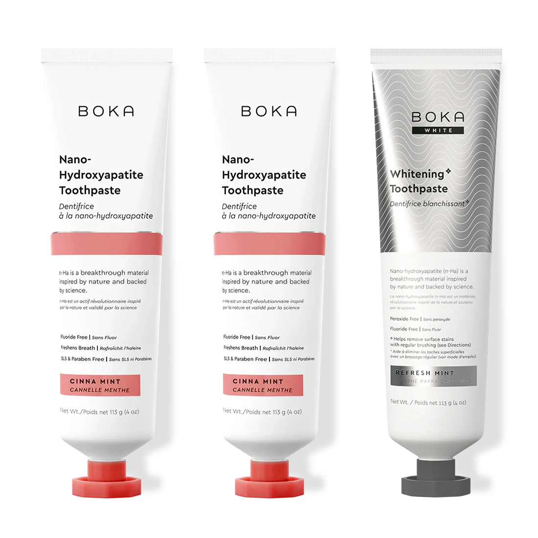 Three bottles of Boka Nano-Hydroxyapatite Toothpaste on a white background