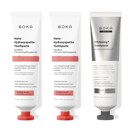 Three bottles of Boka Nano-Hydroxyapatite Toothpaste on a white background