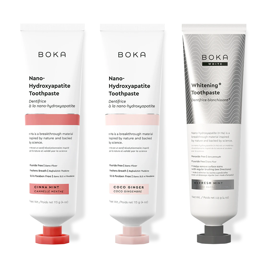 Three bottles of Boka Nano-Hydroxyapatite Toothpaste on a white background