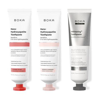 Three bottles of Boka Nano-Hydroxyapatite Toothpaste on a white background