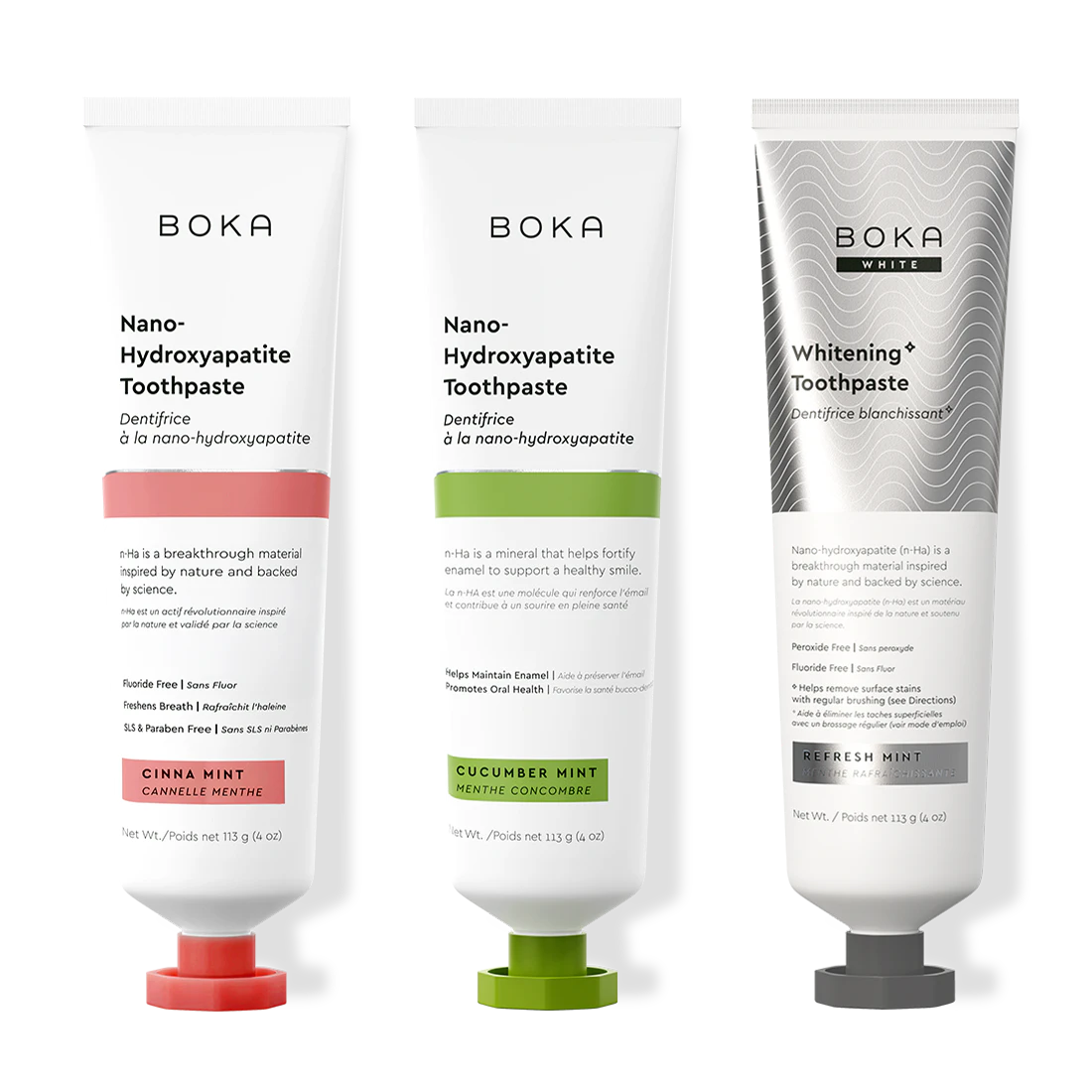 Three bottles of Boka Nano-Hydroxyapatite Toothpaste on a white background