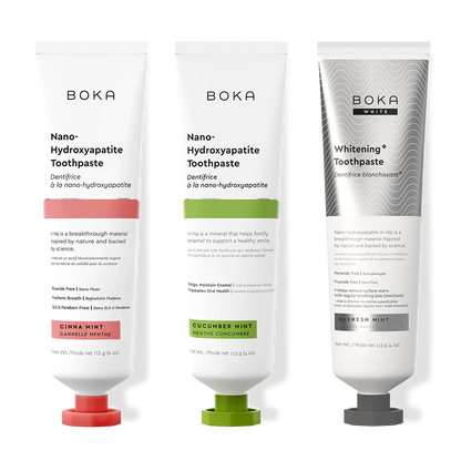 Three bottles of Boka Nano-Hydroxyapatite Toothpaste on a white background