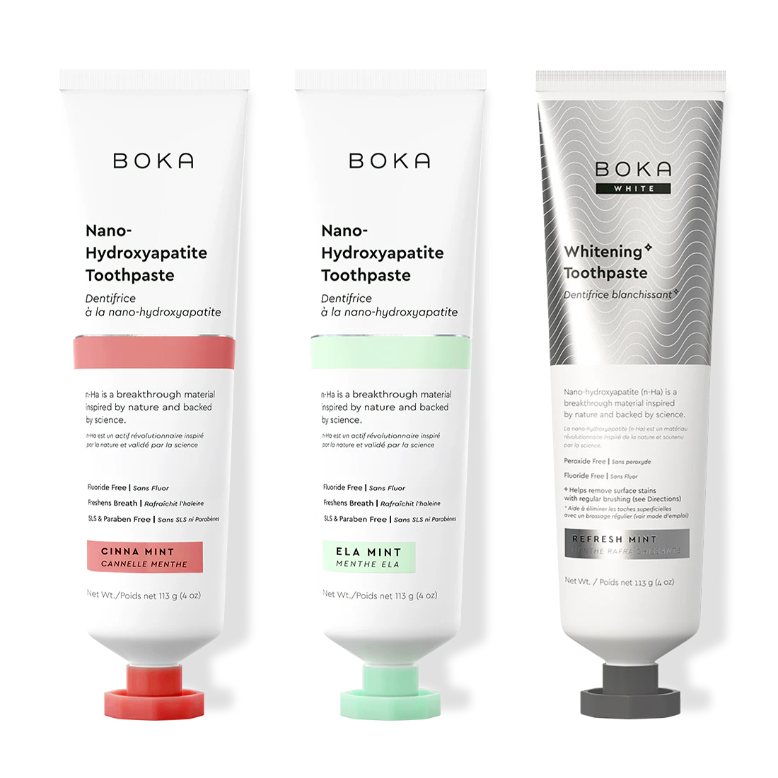 Three bottles of Boka Nano-Hydroxyapatite Toothpaste on a white background